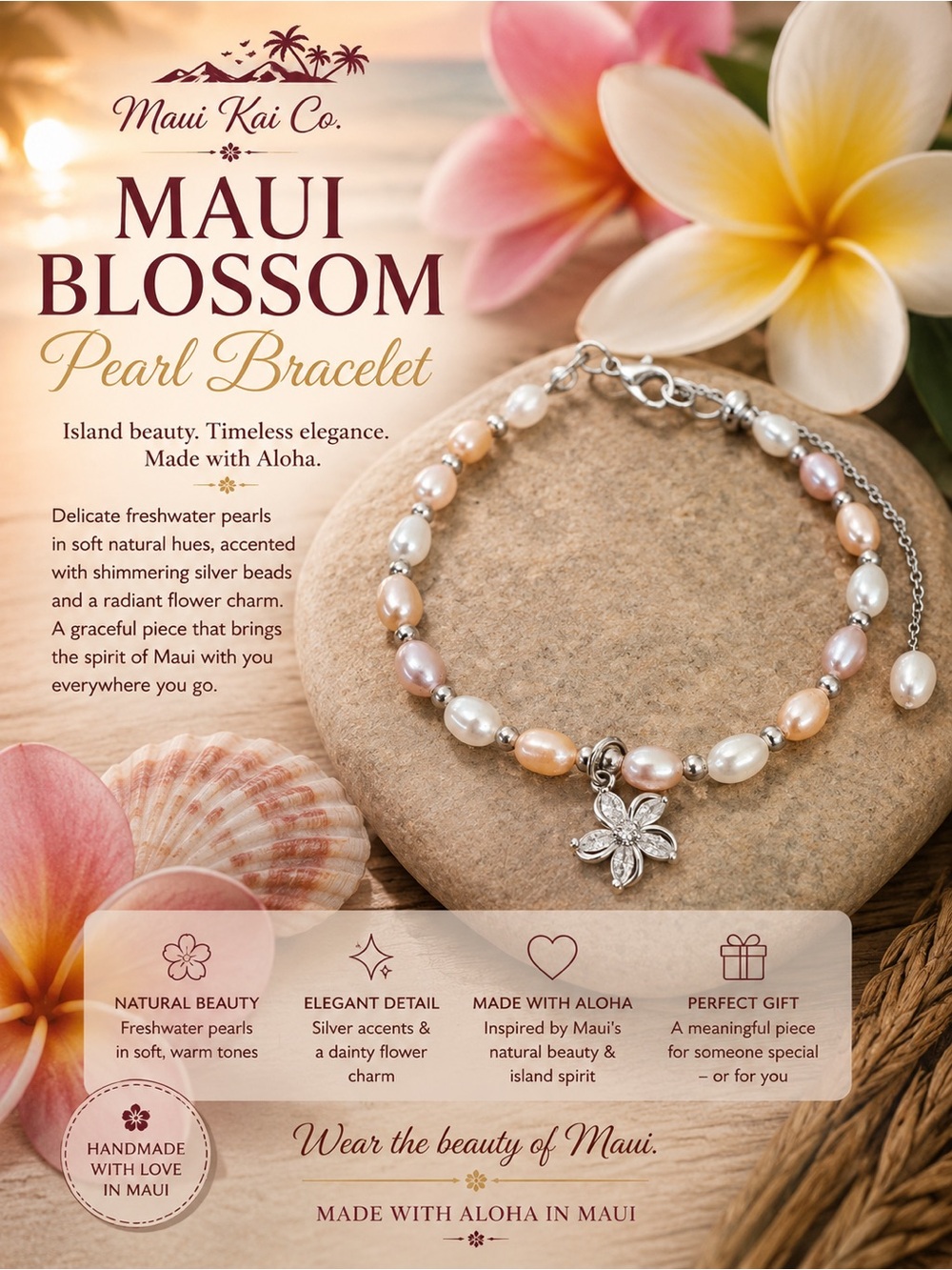 Maui Blossom Pearl Bracelet - Pink & Cream Pearls with Silver Flower Charm